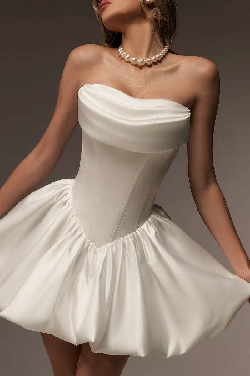 A-Line Mini Satin Little White Dress 968237845434 - COCOMELODY